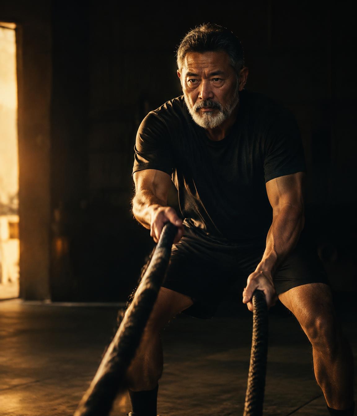 A bearded man in his late fifties training with battle ropes