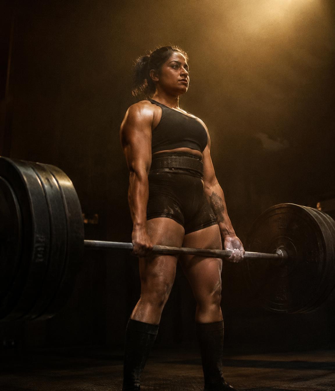 A woman in her thirties holding a heavy deadlift at lockout
